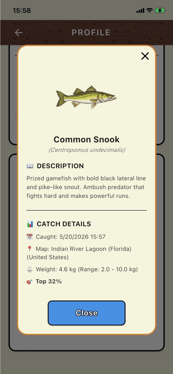 Profile card for a Common Snook catch